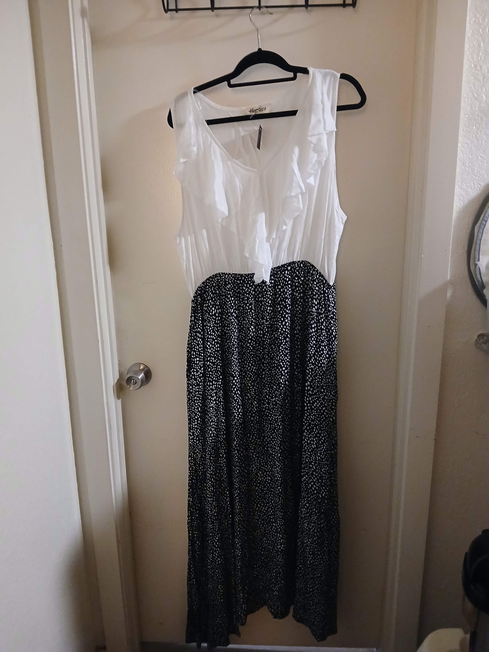 White Ruffle Top Maxi Dress with Black Patterned Skirt